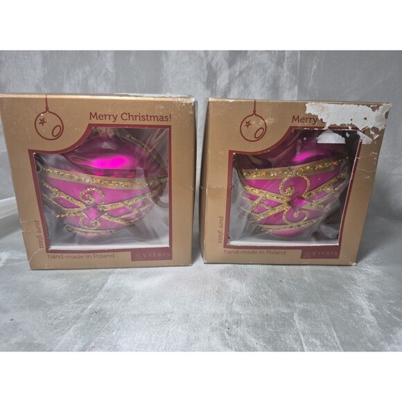 Set Of 2 Vitbis Glass Pink Jeweled Heart Shaped Ornaments Made In Poland - Picture 15 of 16